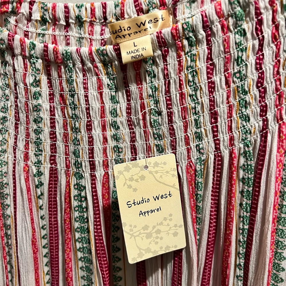 Studio West Pink and Red Smocked Blouse with 3/4 Sleeves - Picture 2 of 5